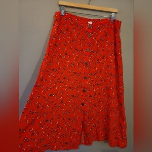 GAP high waisted, midi red floral button down skirt - Size 14